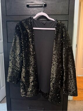 Express Black and Gold Sequin Open-Front Cardigan
